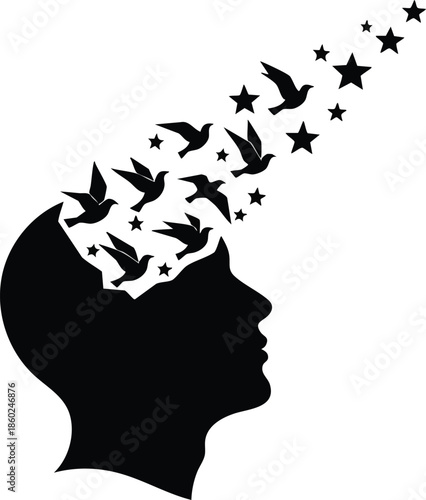 Conceptual silhouette of an open mind releasing birds and stars. Freedom and imagination concept.