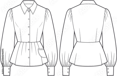 Women blouse shirt front and back view technical fashion garment outline for apparel production, cad drawing flat vector illustration