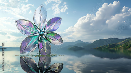Surreal Crystal Flower Emerging from Water with Mountain Reflection.