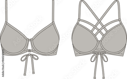 Women's strappy underwire bra technical flat vector illustration, front and back view, crisscross straps, lace tie, lingerie CAD design template