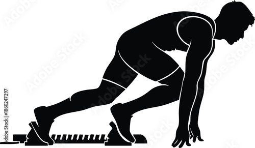 Sprinter silhouette vector. Male athlete at starting blocks. Sports competition and readiness concept.