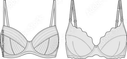 Women's underwire bra technical flat vector illustration, front view styles, scalloped edge detail, adjustable straps, lingerie apparel CAD design
