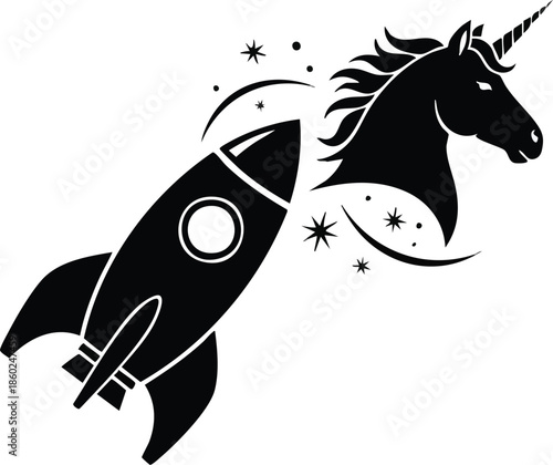 Unicorn startup symbol. Rocket ship with a mythical horse head. Business success and rapid growth concept.