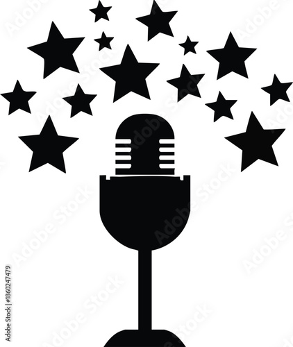 Retro microphone vector graphic with a burst of stars. Concept for performance, podcast, or talent show.