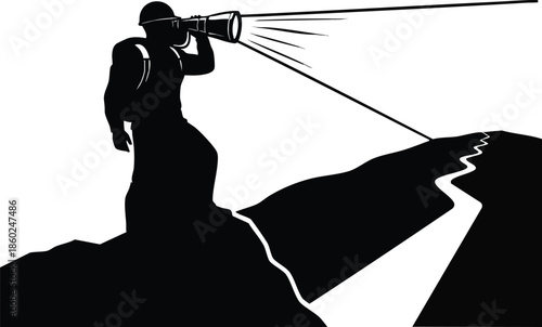 Silhouette of an explorer with a spyglass on a mountain. Looking ahead at a winding path. Concept of vision, foresight, and discovery.