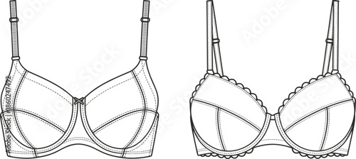 Women's underwire lace bra technical flat vector illustration, front view variations, adjustable straps, lingerie apparel fashion CAD drawi