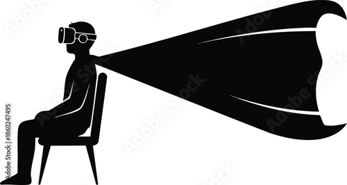 Superhero with VR headset sitting in a chair. Exploring virtual worlds and digital empowerment. Metaverse concept.