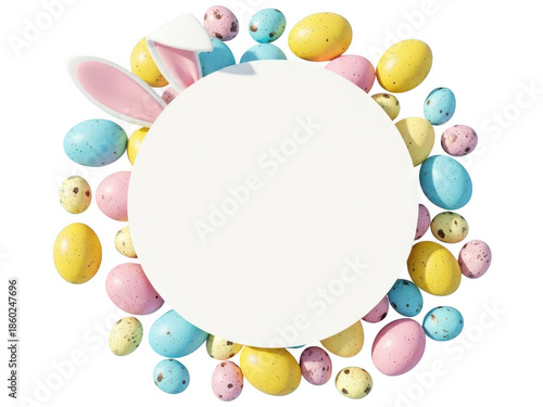 Colorful easter eggs and bunny ears forming a circle on transparent background for holiday decoration ideas