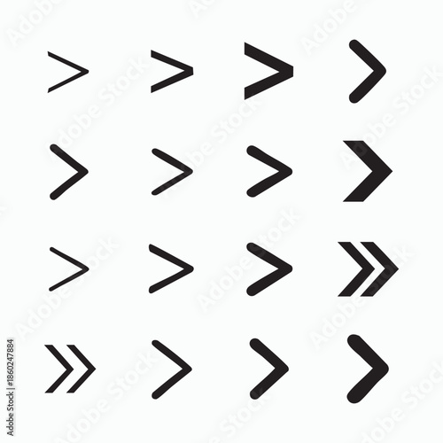 Set of Minimalist Greater Than Signs and Chevron Arrows Vector Flat Black Icons on White Background
