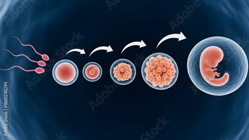 Detailed scientific illustration depicting the fundamental stages of human fertilization and early embryonic development from sperm to fetus formation