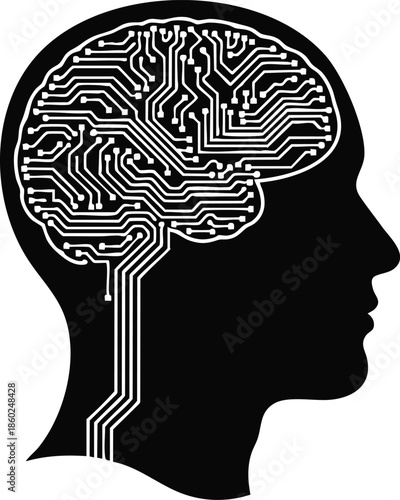 Artificial intelligence graphic. Human head silhouette with a circuit board brain. Technology and machine learning concept.