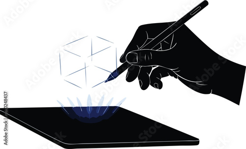 Augmented reality design illustration. Hand with stylus creating a holographic 3D cube from a tablet. Future technology and innovation.