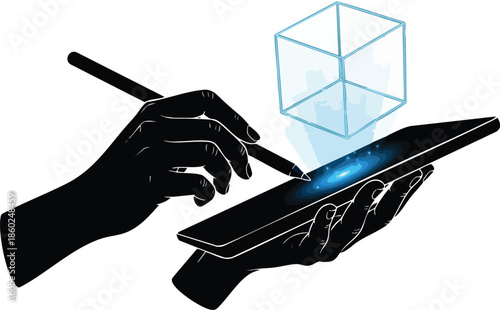 Augmented reality illustration. Hand with stylus creating a holographic cube from a tablet. Digital innovation concept.