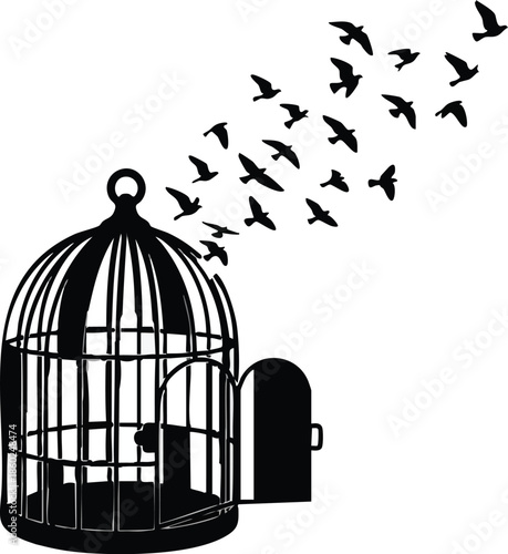 Silhouettes of birds flying out of an open birdcage. A flock escaping to freedom. Hope and liberation concept.