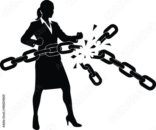 Empowered businesswoman silhouette breaking chains. Metaphor for freedom, success, and overcoming professional barriers.