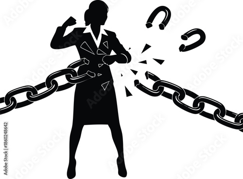 Businesswoman breaking chains vector illustration. Silhouette of a powerful woman shattering restraints. Freedom and empowerment concept.