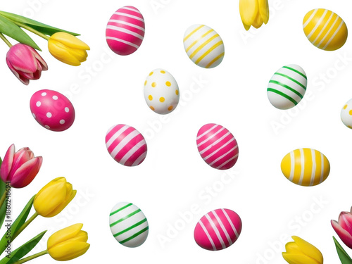 Easter eggs and tulips isolated on transparent background for spring holiday