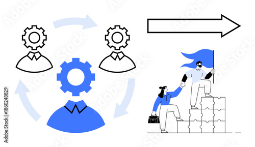 Team building, leadership, collaboration, goal achievement, professional growth, process optimization. gear and two people in a process flow and individuals climbing towards a flag. Team building