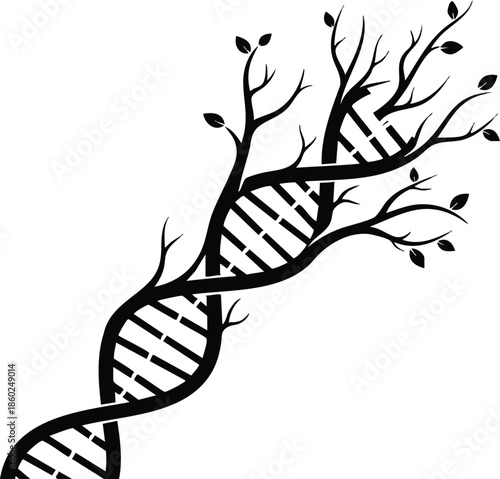 DNA double helix forming a tree with branches and leaves. A symbol for genetics, growth, life, and ancestry.