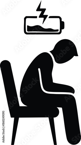Exhaustion icon showing a slumped person with a low battery symbol. Burnout, fatigue, and mental health crisis concept.