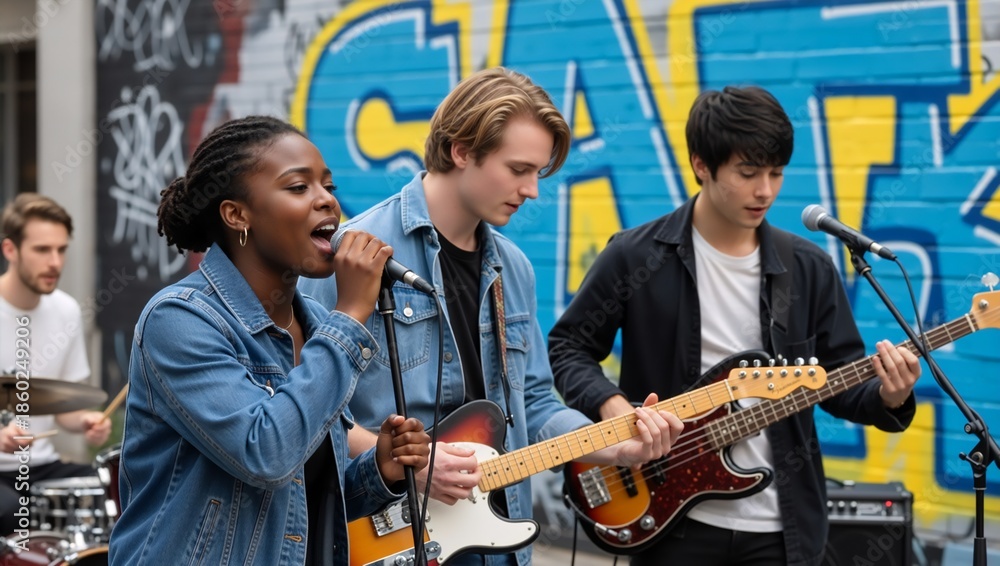 Obraz premium Diverse music band performing outdoors against graffiti wall, beautiful african american woman singing into microphone, male guitarists and drummer playing live concert on city street