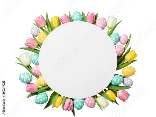 Easter floral wreath with tulips and eggs on transparent background