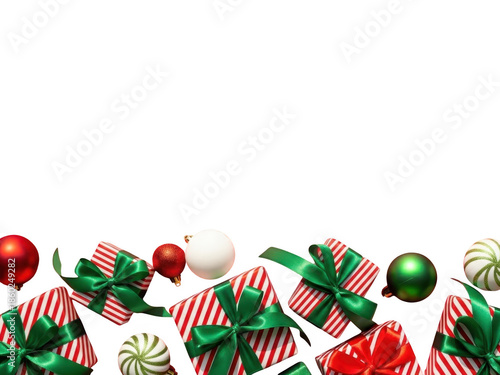 Christmas presents and ornaments border on transparent background