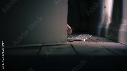 Door opens to reveal addict cutting Illegal drugs in abandoned house