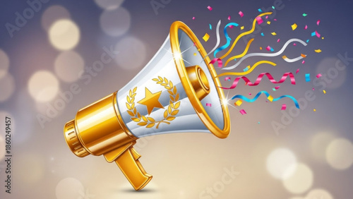 Golden megaphone with star and laurel wreath, colorful confetti and ribbons, celebratory announcement, award and recognition concept, shiny and metallic, bokeh background