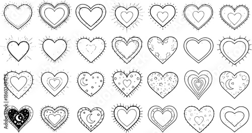 Black and White Line Art Hearts, Romantic Symbols, Love Icons for Valentine's Day Design
