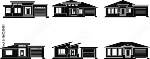 Modern house icons, architectural silhouette set, black outline homes, garage symbol, roof branding, window concept, entry badge, design variety