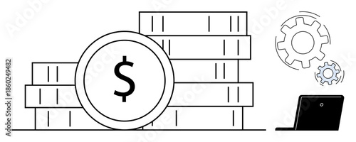 Financial technology, business investment, automation, money saving, income management, economic growth. Stack of coins with dollar sign, gears and laptop. Financial technology and business