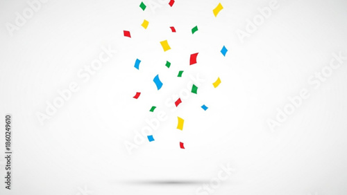 Colorful confetti pieces falling down on white background, celebration decoration elements
