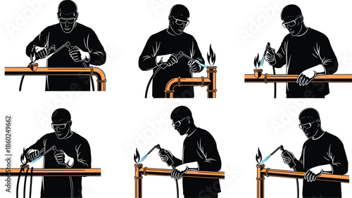 Plumbing icons, copper pipe soldering silhouettes, black outline technician, torch symbol, repair branding, safety concept, installation badge, heating set