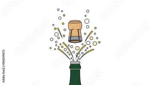 Champagne cork popping out of green bottle with bubbles and splashes on white background, celebration and joy concept