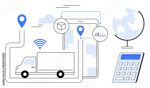 Logistics management, global trade, supply chain, delivery technology, digital tracking, data visualization. A truck, globe calculator and digital icons. Logistics management and global trade