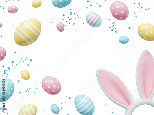 Colorful easter eggs and bunny ears on transparent background for spring holiday