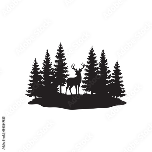 Deer Silhouette in Forest Vector Illustration Isolated Wildlife Nature Design