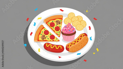 Colorful plate with pizza slices, hot dogs, crackers, and cupcake, festive confetti, celebration food, party snack, delicious meal, tasty treats, foodie fun, yummy