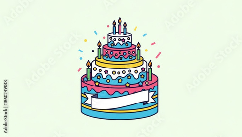 Colorful multi tiered birthday cake with lit candles and confetti on light green background for celebration