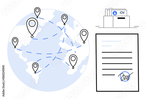 Global networking concept. An interconnected global map visualizes remote work opportunities. Document management with CV files highlights professional growth. Ideal for HR, recruitment, freelancing