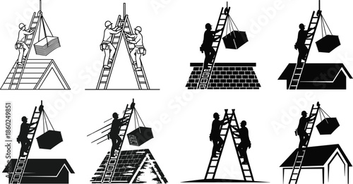 Roofing icons, ladder pulley silhouettes, suspended load handling, black outline workers, safety symbol, construction branding, hazard concept, elevation badge