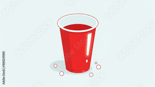 Red disposable plastic cup with liquid and bubbles on light background, party drinkware, beverage container