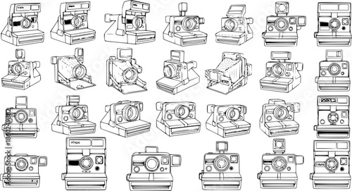 Black and White Line Art Illustration of Various Vintage Polaroid Cameras - Technology and Retro Gadget Collection