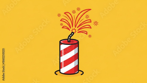 Vibrant red and white striped firework exploding with colorful sparks on yellow background, festive celebration element