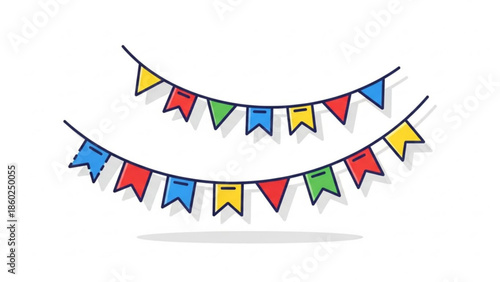 Colorful pennant banners in red, blue, green and yellow on strings, hanging decorations for party celebration, festive and joyful atmosphere, holiday and event decoration