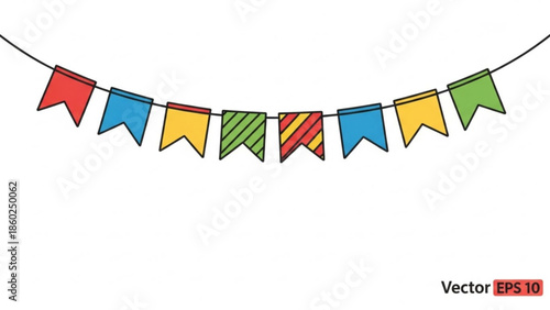 Colorful pennant banner with red, blue, yellow, green flags on string, festive decoration for party, celebration, event, vector eps 10