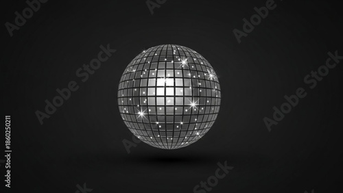 A shiny silver disco ball with sparkling lights on a dark background, reflecting glamour and nightlife