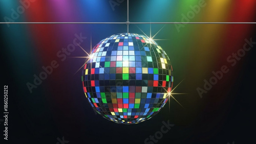 Vibrant disco ball spinning under colorful spotlights at nightclub party with shiny reflective surface and dynamic light beams