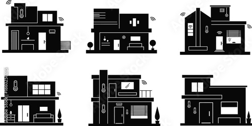 Smart home icons, modern house silhouettes, black outline residences, Wi-Fi symbol, automation branding, tech concept, climate badge, connected living set